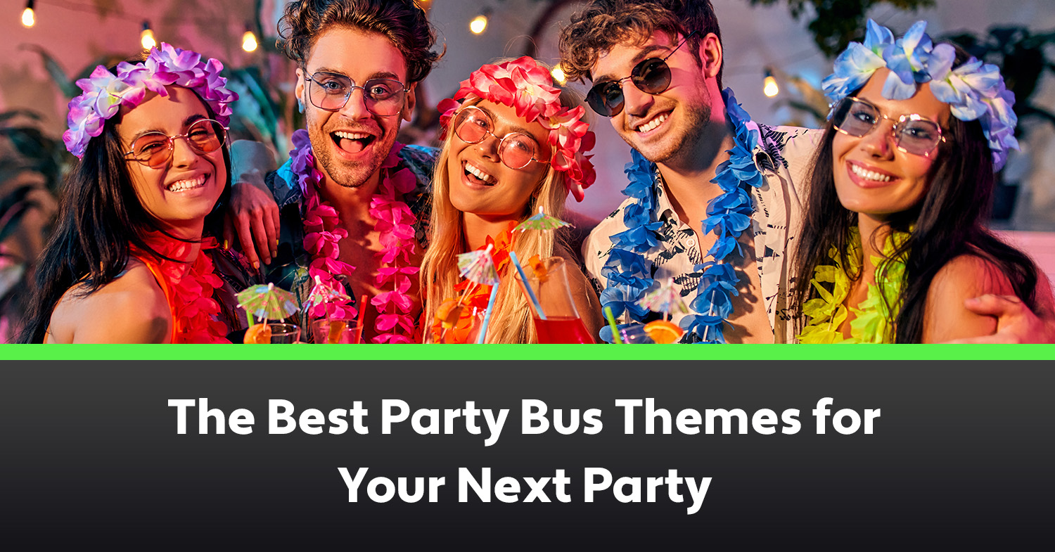 A group of people dressed up for their tropical beach themed party for their party bus.
