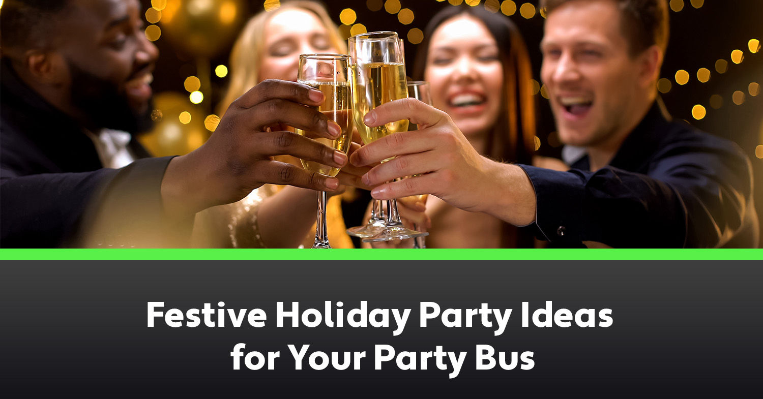 A group of friends enjoying a holiday party on a party bus.