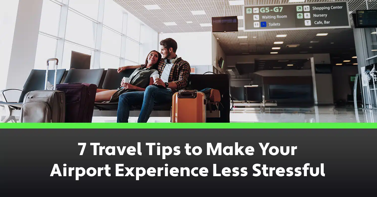 A couple who utilized travel tips enjoy a stress-free day at the airport.