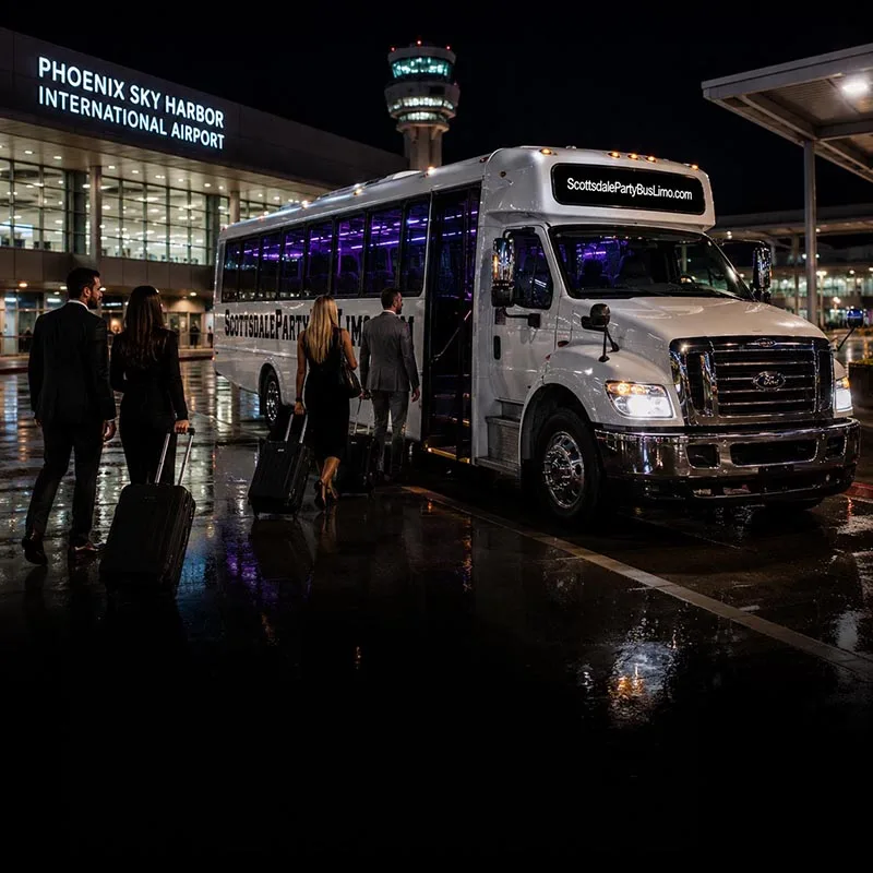 Luxury airport transportation in Scottsdale with a Scottsdale Party Bus & Limo limo bus picking up travelers at Phoenix Sky Harbor International Airport
