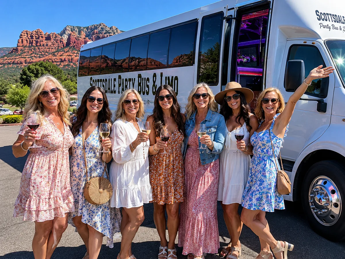 Sedona winery tours with a group enjoying wine tasting transportation beside a Scottsdale Party Bus & Limo vehicle in Sedona